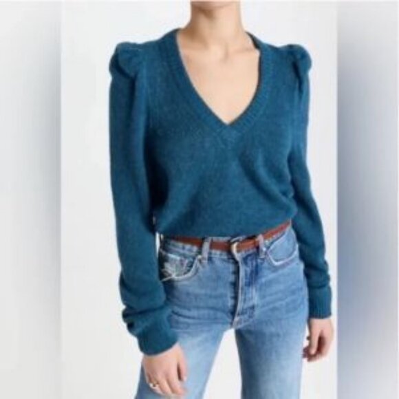 Nation LTD Alpaca Wool Sweater Size SM Teal Puff Sleeve V-Neck Minimal Casual - Picture 1 of 11